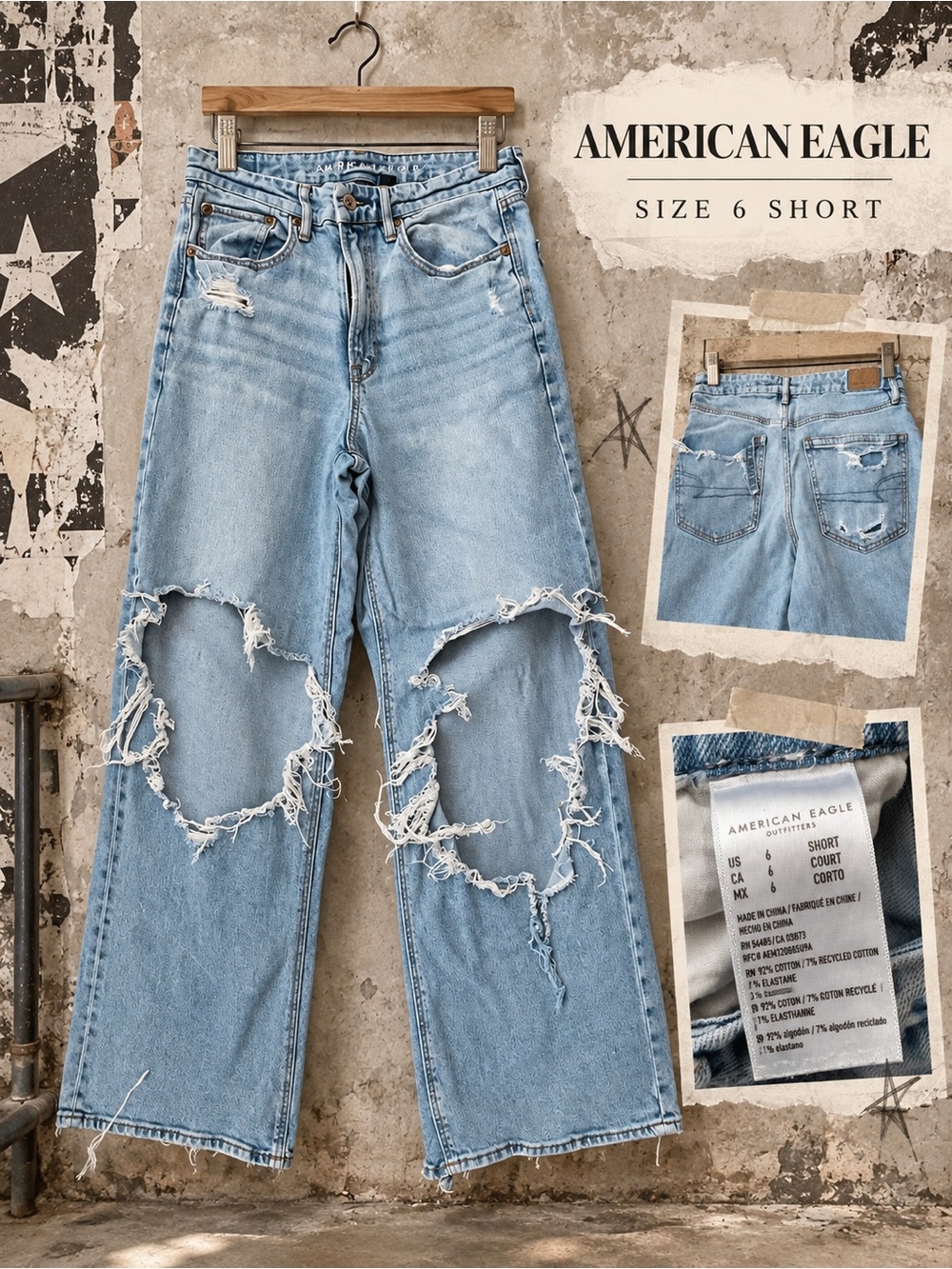 American Eagle Outfitters Light Blue Distressed Wide-Leg Jeans
